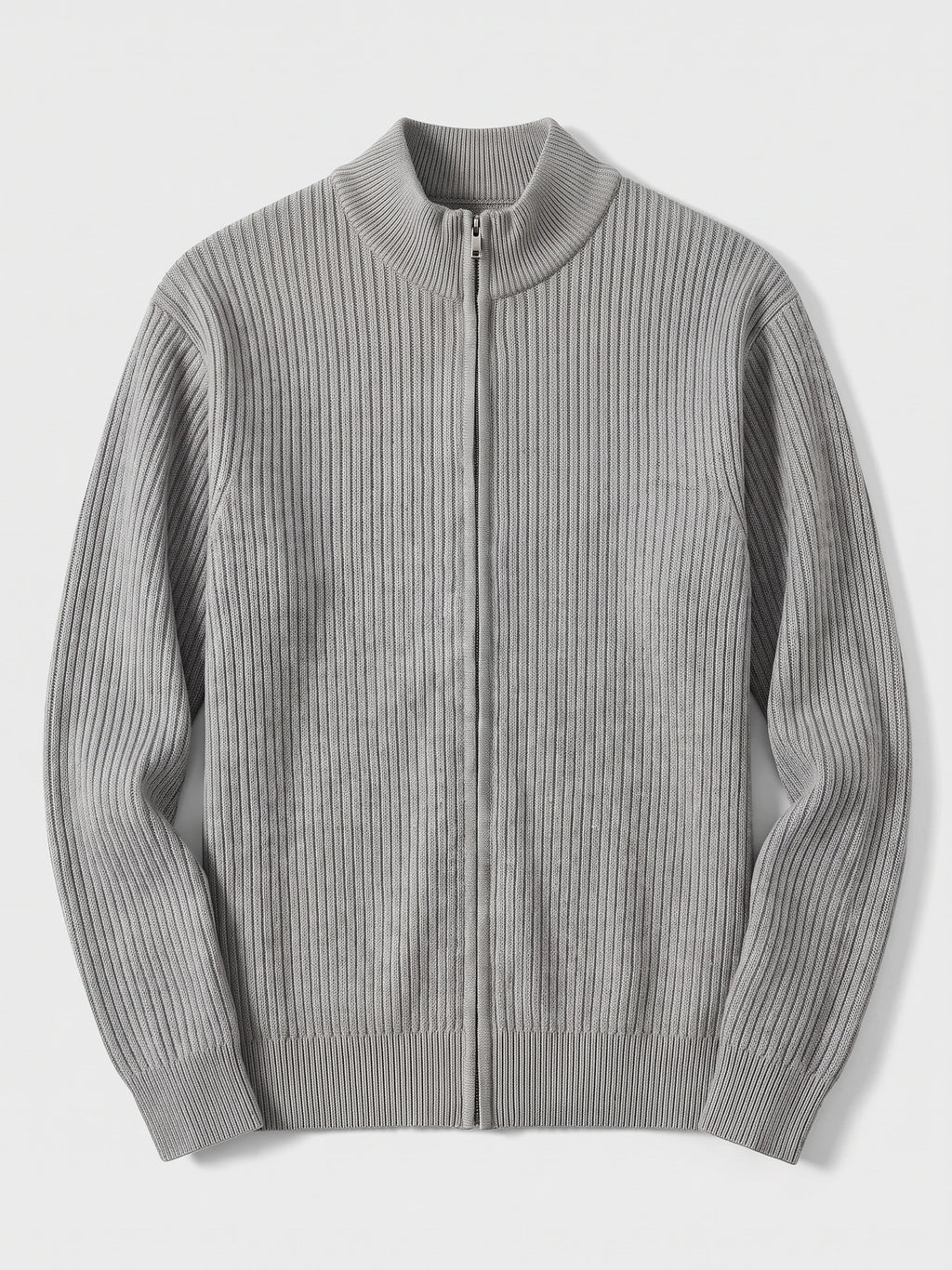 Gray men's zip up cardigan laid flat, featuring a ribbed knit texture, stand collar, long sleeves, and full front zipper.