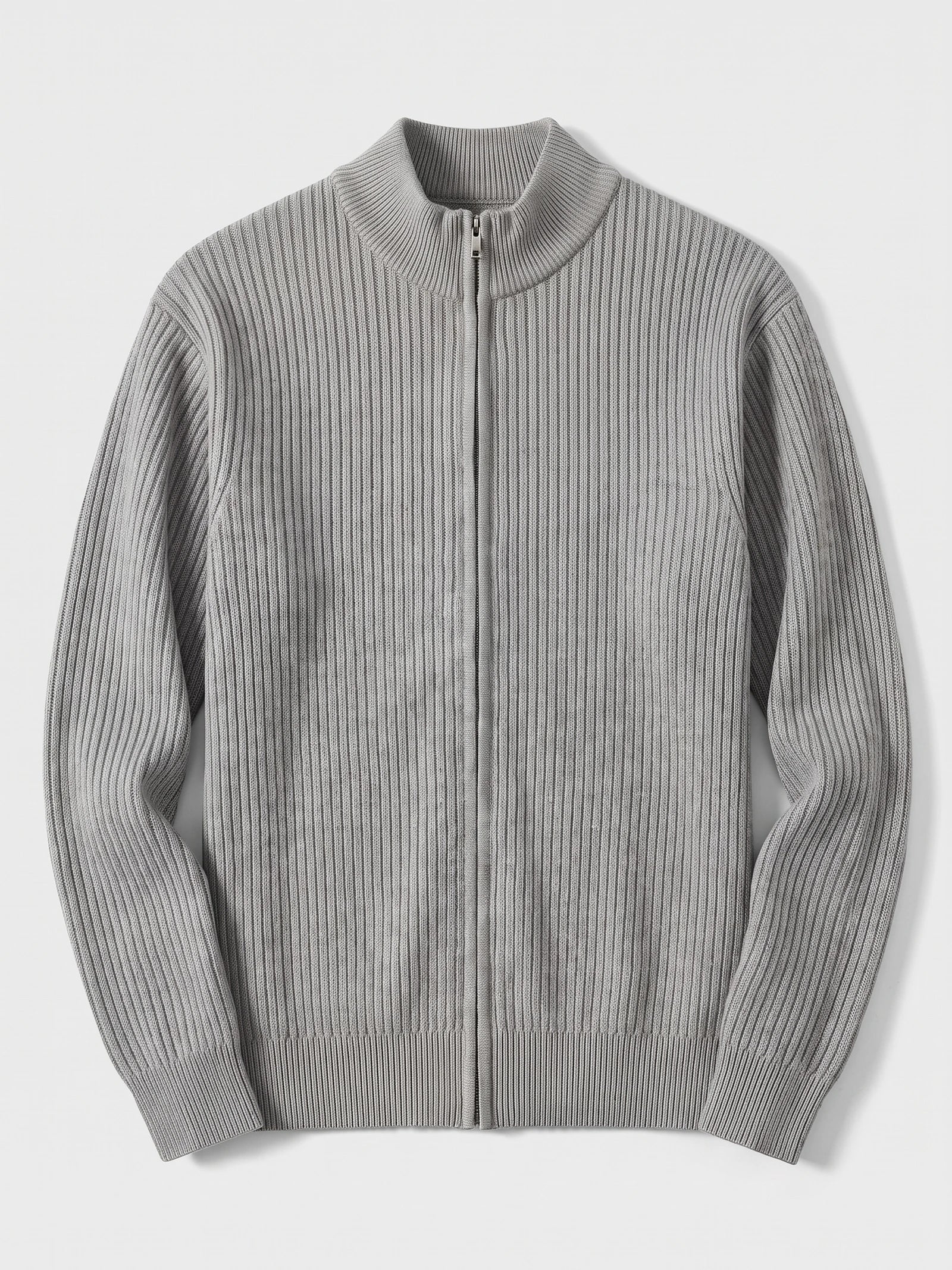 Gray men's zip up cardigan laid flat, featuring a ribbed knit texture, stand collar, long sleeves, and full front zipper.