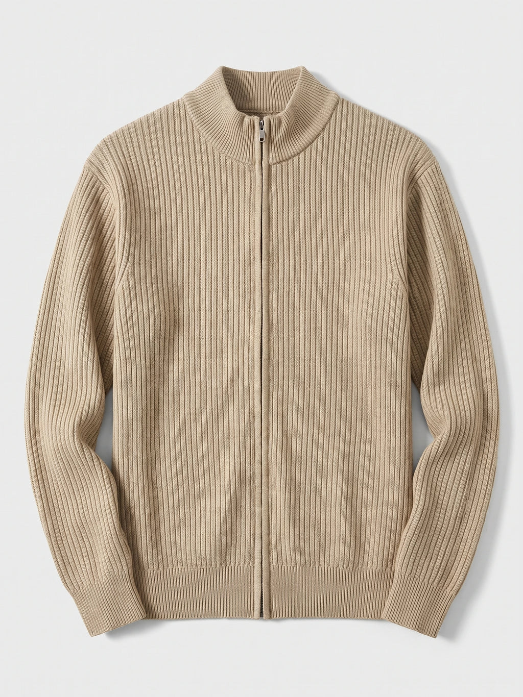 Khaki men's zip up cardigan laid flat, featuring a ribbed knit texture, stand collar, and long sleeves.