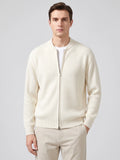 Front studio view of a model wearing a White ribbed knit zip up cardigan with a stand collar and long sleeves.