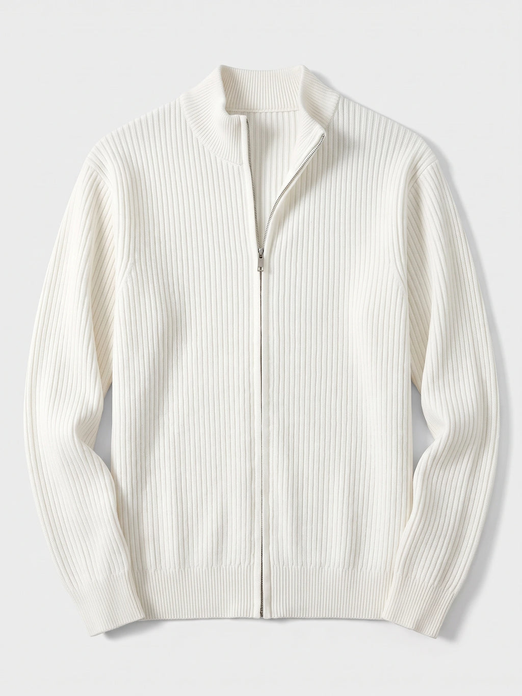 White men's zip up cardigan laid flat, featuring a ribbed knit texture, stand collar, long sleeves, and front zipper.