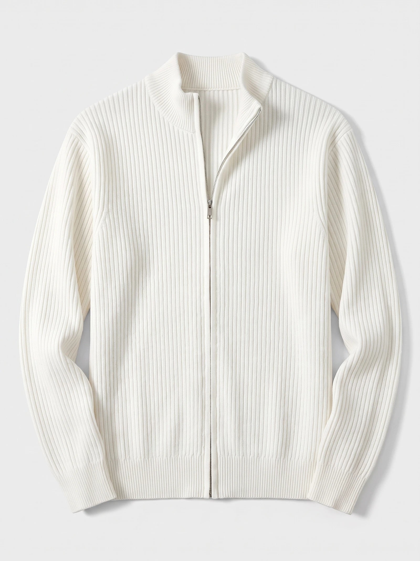 White men's zip up cardigan laid flat, featuring a ribbed knit texture, stand collar, long sleeves, and front zipper.