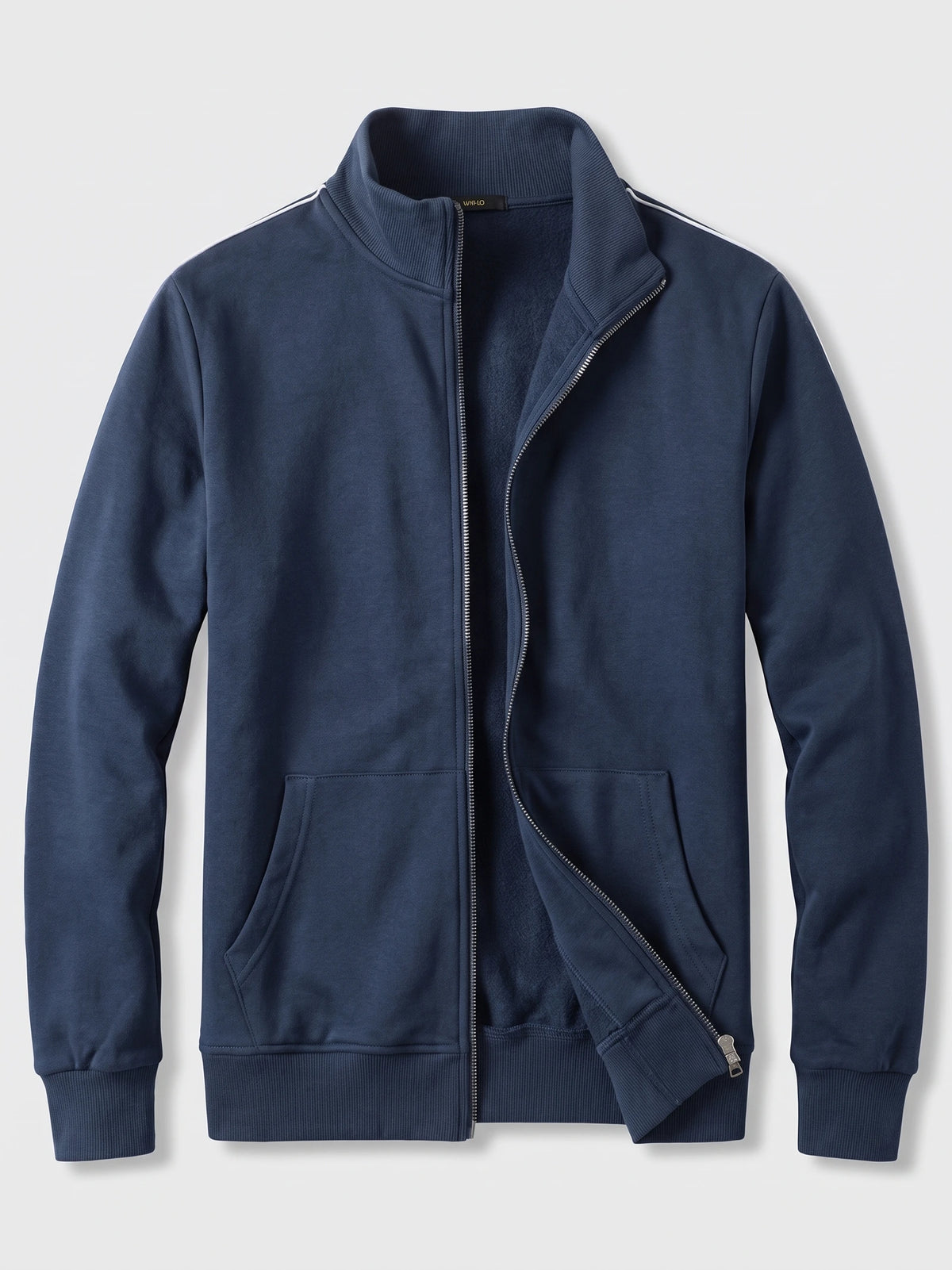Navy men’s zip up sweater laid flat with a ribbed stand collar, front zipper, and angled pockets.