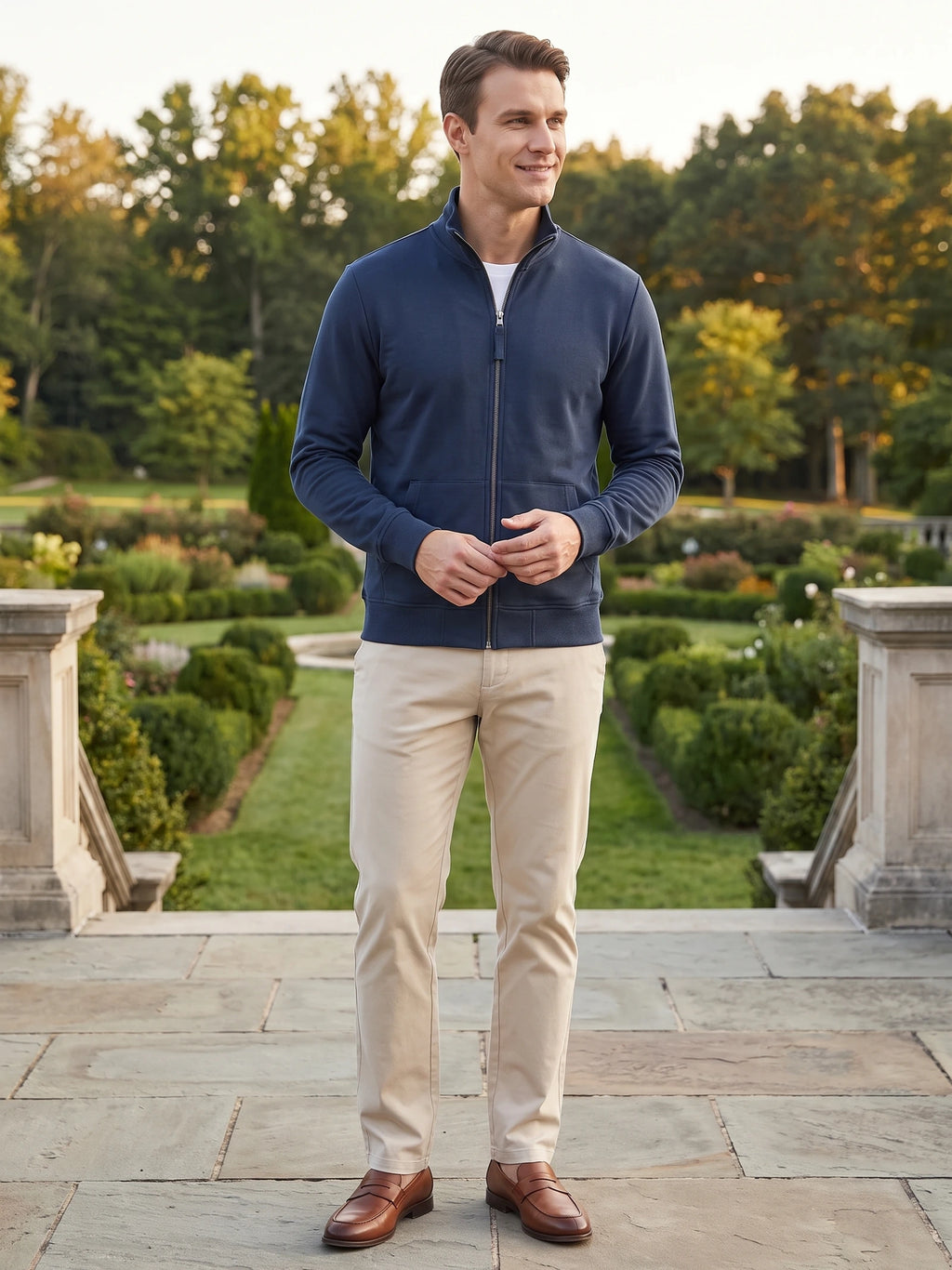 Man wearing a Navy Zip Up Sweater with a stand collar and front pockets on garden steps.